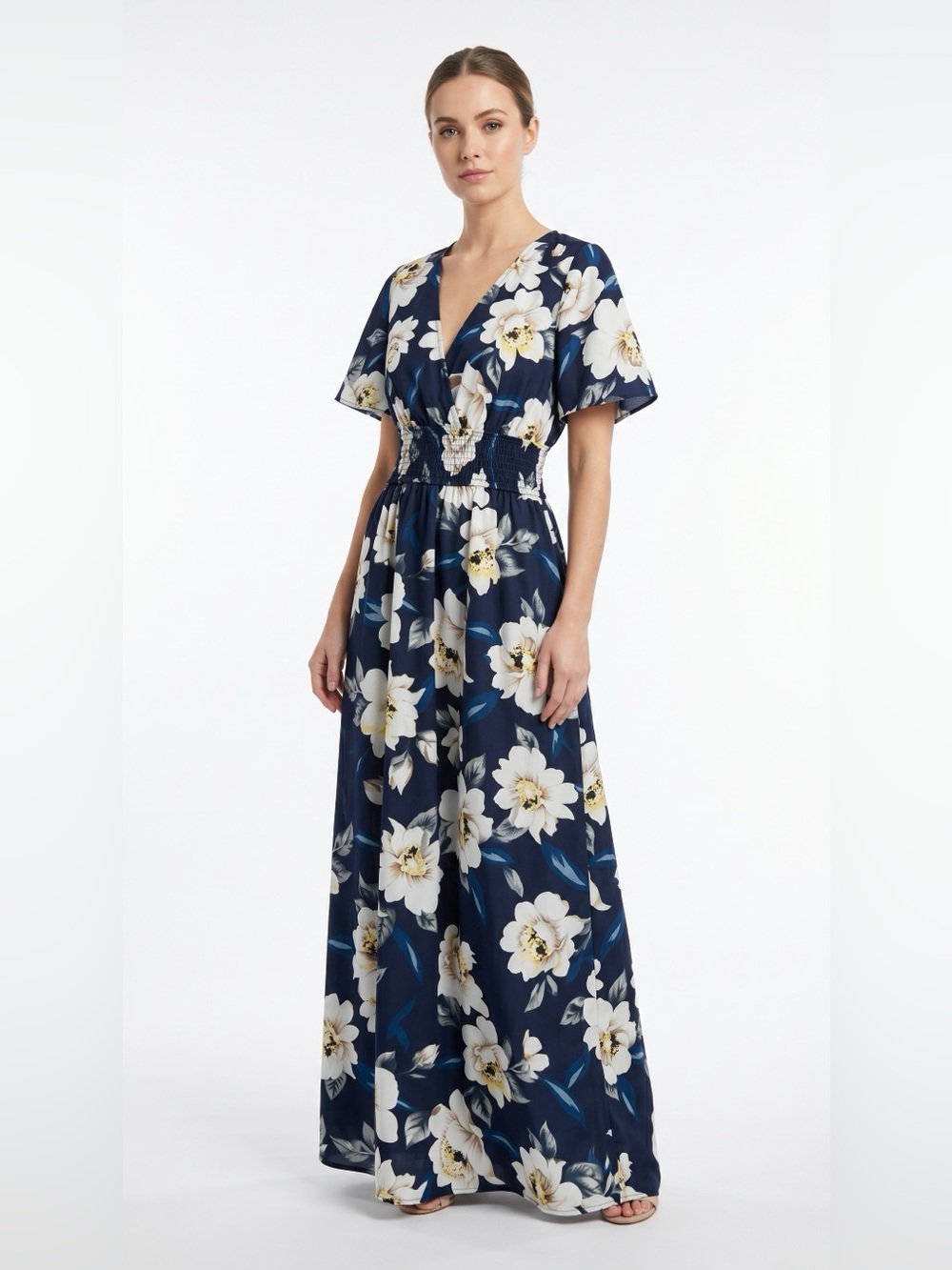 Navy Floral V-Neck Maxi Dress